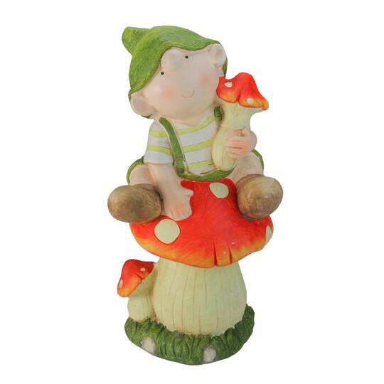 19.75" Young Boy Gnome Sitting on a Mushroom Spring Outdoor Garden Figure